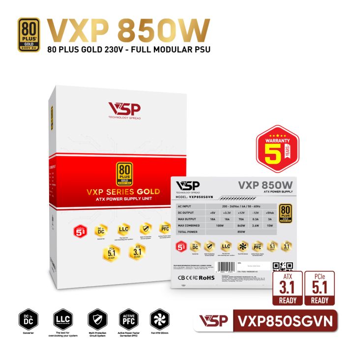 Bộ nguồn VSP VXP850SGVN - 80 Plus Gold - 850W - Full modular - White