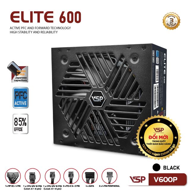 Bộ nguồn công suất thực VSP Elite Active PFC V600P - Đen