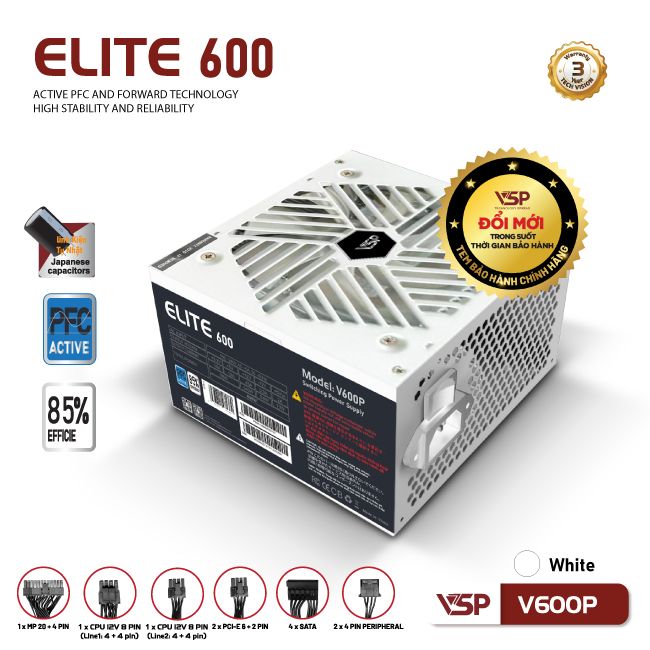 Bộ nguồn công suất thực VSP Elite Active PFC V600P - Trắng