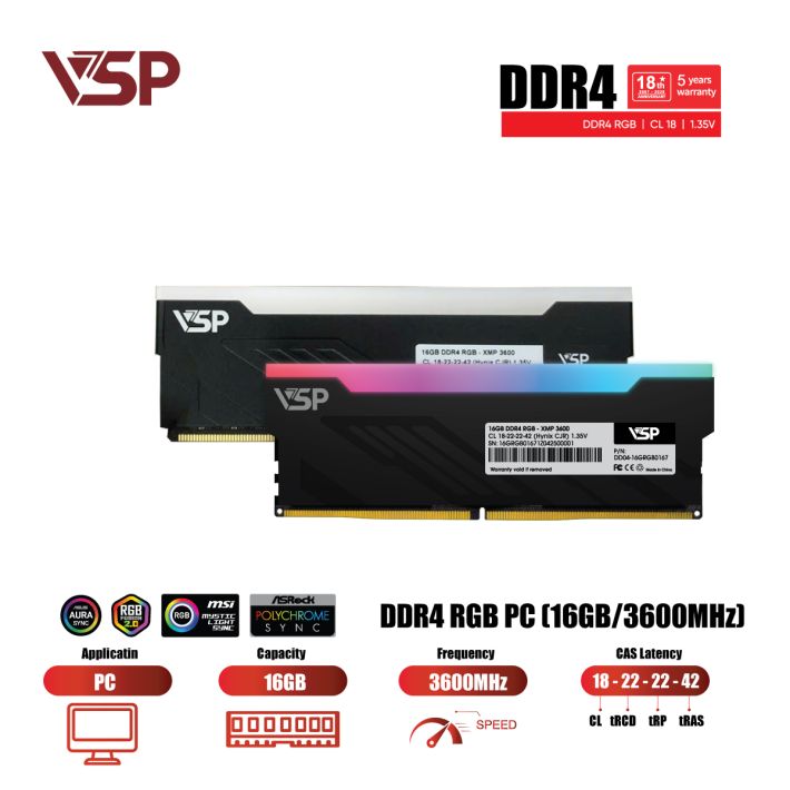 Ram PC VSP LED RGB DDR4 RGB 16GB - 3600MHz Đen
