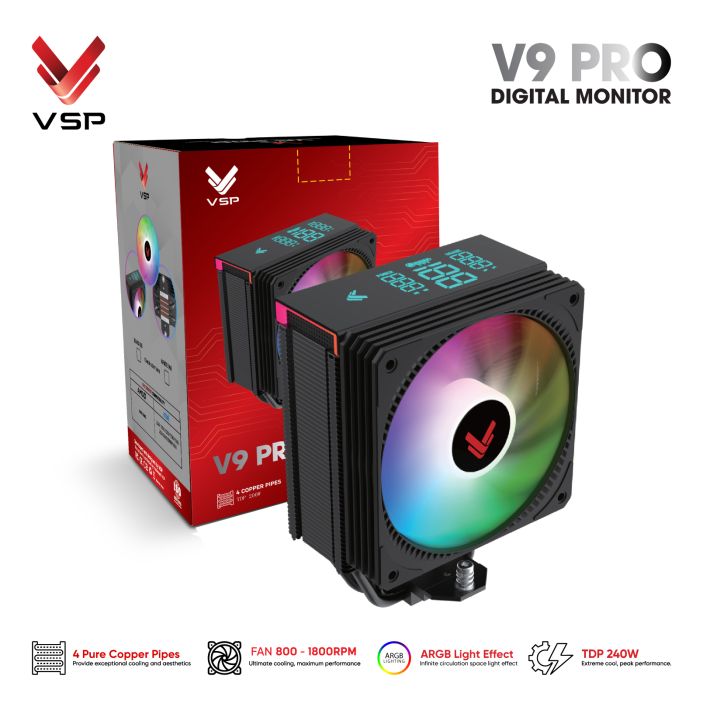 Tản nhiệt khí CPU VSP V9 PRO Black (Màn hình LCD / ARGB / TDP 240W)