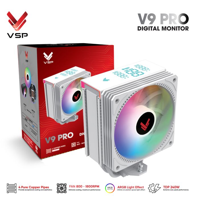 Tản nhiệt khí CPU VSP V9 PRO White (Màn hình LCD / ARGB / TDP 240W)
