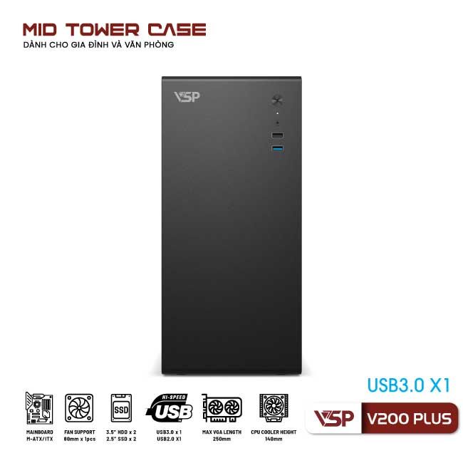 Vỏ Case Máy Tính VSP V200 Plus- Đen