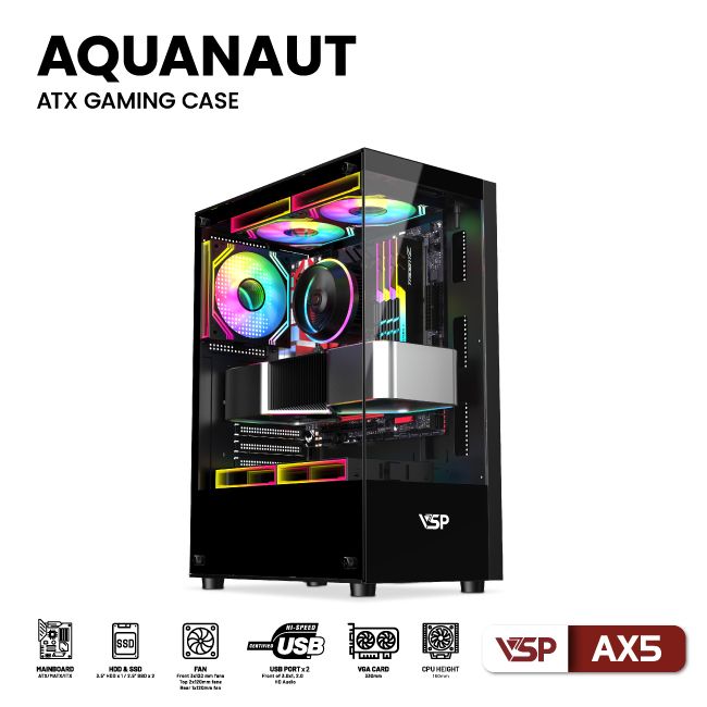 VỎ CASE MÁY TÍNH GAMING AQUANAUT AX5 2 MẶT KÍNH - ĐEN