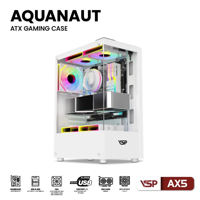 VỎ CASE MÁY TÍNH GAMING AQUANAUT AX5 2 MẶT KÍNH - TRẮNG