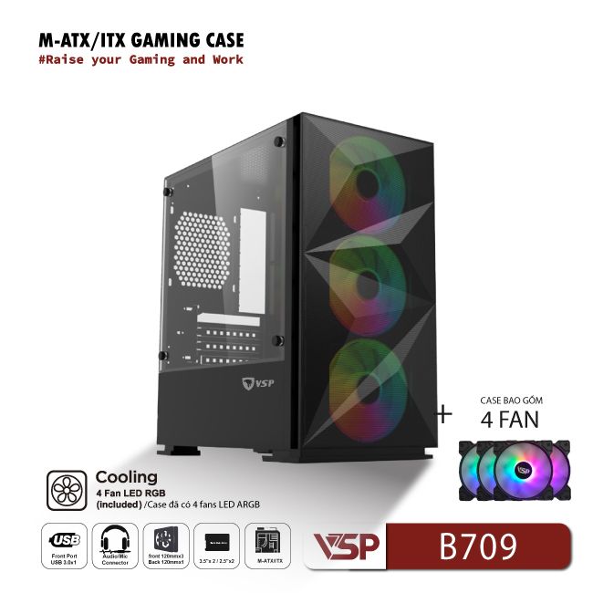 Vỏ Case Máy Tính VSP Gaming Mid Tower B709 - Đen + 4Fans Led