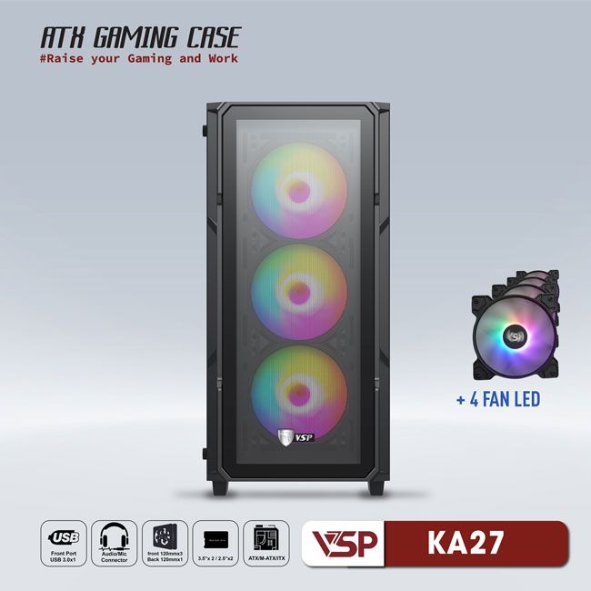 VỎ CASE MÁY TÍNH VSP GAMING KA27- Đen + 4Fans Led 