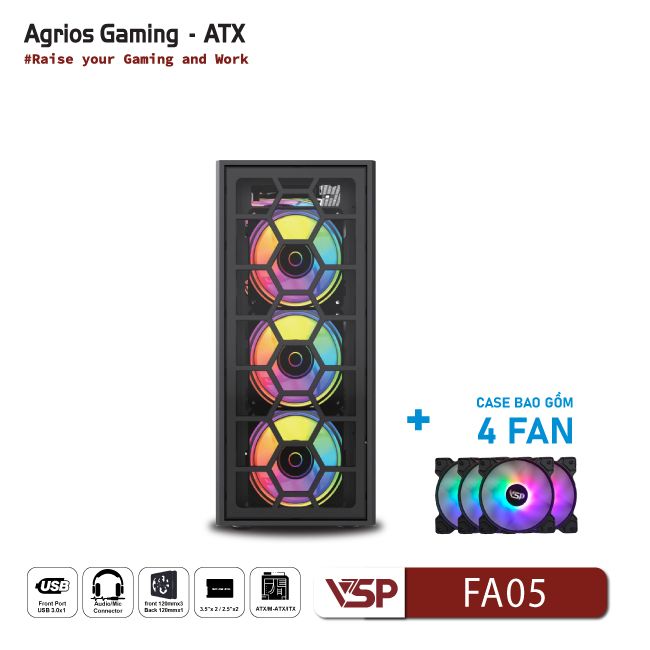 Vỏ Case Máy Tính VSP Gaming FA05 - Đen + 4Fans Led