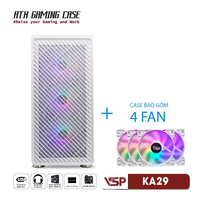 Vỏ Case Máy Tính VSP Gaming KA29 - Trắng + 4fans Led