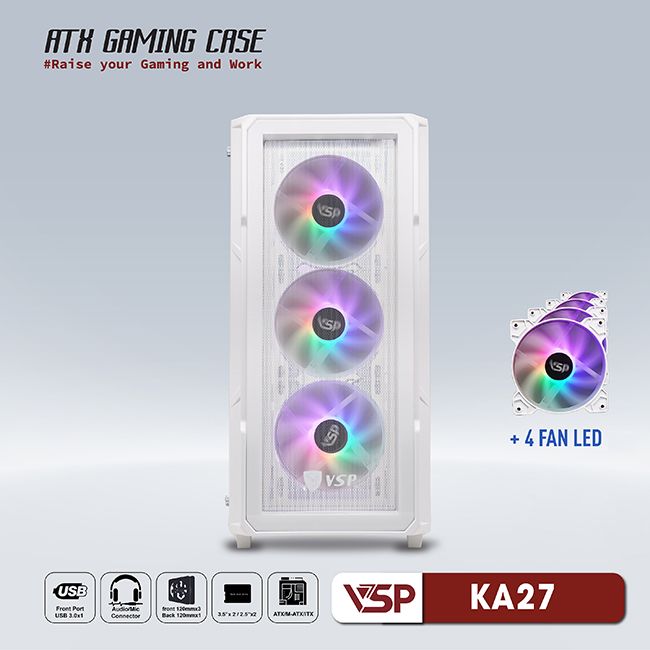 Vỏ Case Máy Tính VSP Gaming KA27 - Trắng + 4fans Led