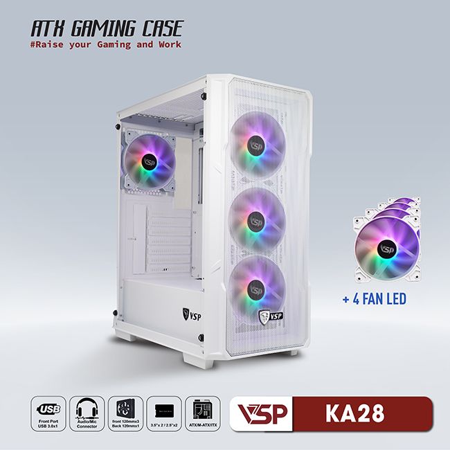 Vỏ Case Máy Tính VSP Gaming KA28 - Trắng + 4fans Led