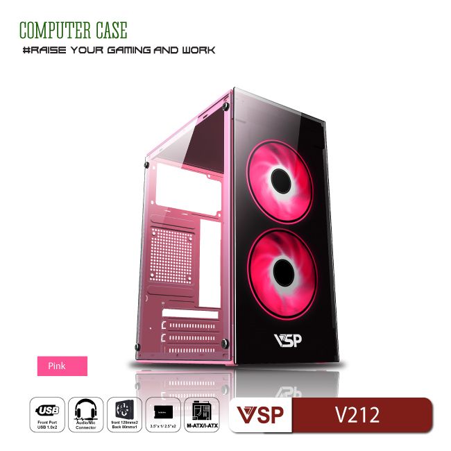 Vỏ Case Máy Tính VSP V212 - Hồng - Không kèm fan
