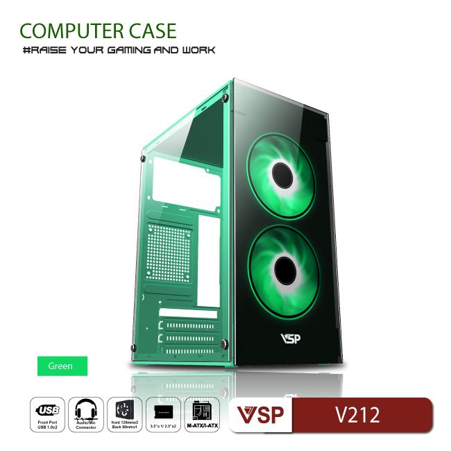 Vỏ Case Máy Tính VSP V212 - Xanh - Không Kèm Fan