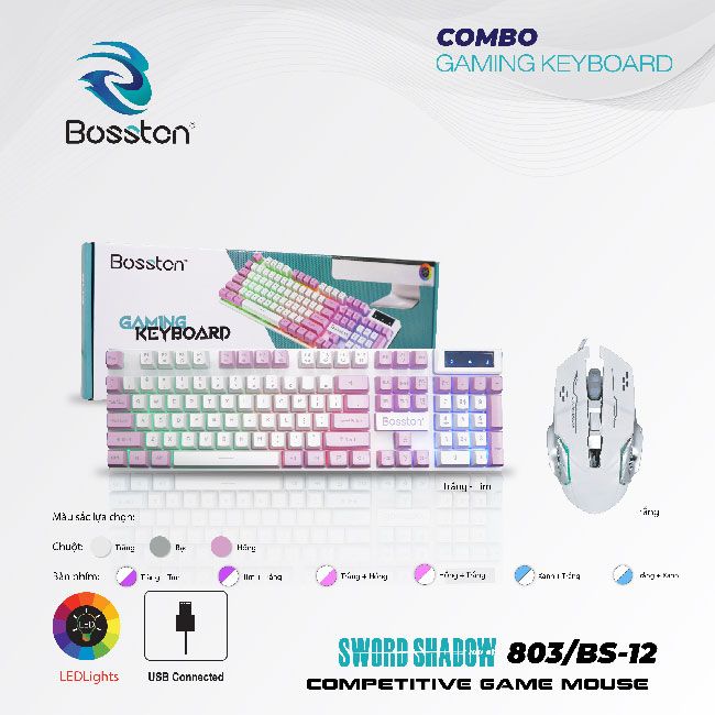 Combo Bàn Phím Giả Cơ Bosston 803 + Mouse Gaming BS12 Trắng-Tím